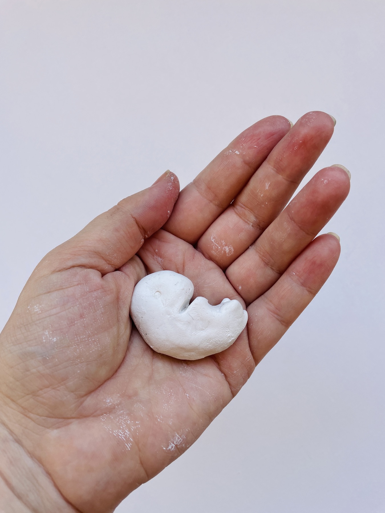 A hand holding a small white sculpture of an embryo